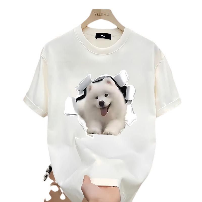 American Trendy Round Neck Short Sleeved T-shirt For Men Cute Little Dog Print Half Sleeved Loose Oversized Couple Casual Bottom Shirt_voghion.com