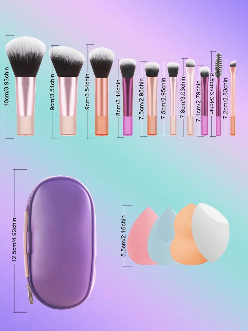 10-teiliges Regenbogen-Reise-Make-up-Pinsel-Set mit 4 Mischschwämmen, Etui mit Reißverschluss, kompaktes Kosmetikpinsel-Set mit kurzem Griff, tragbare Make-up-Grundausstattung_voghion.com