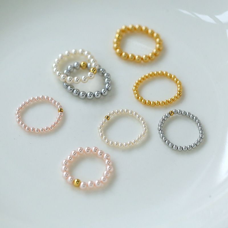 Anello impilabile con perle artificiali in oro bianco e grigio per donna, con piccole perle di riso dorato_voghion.com