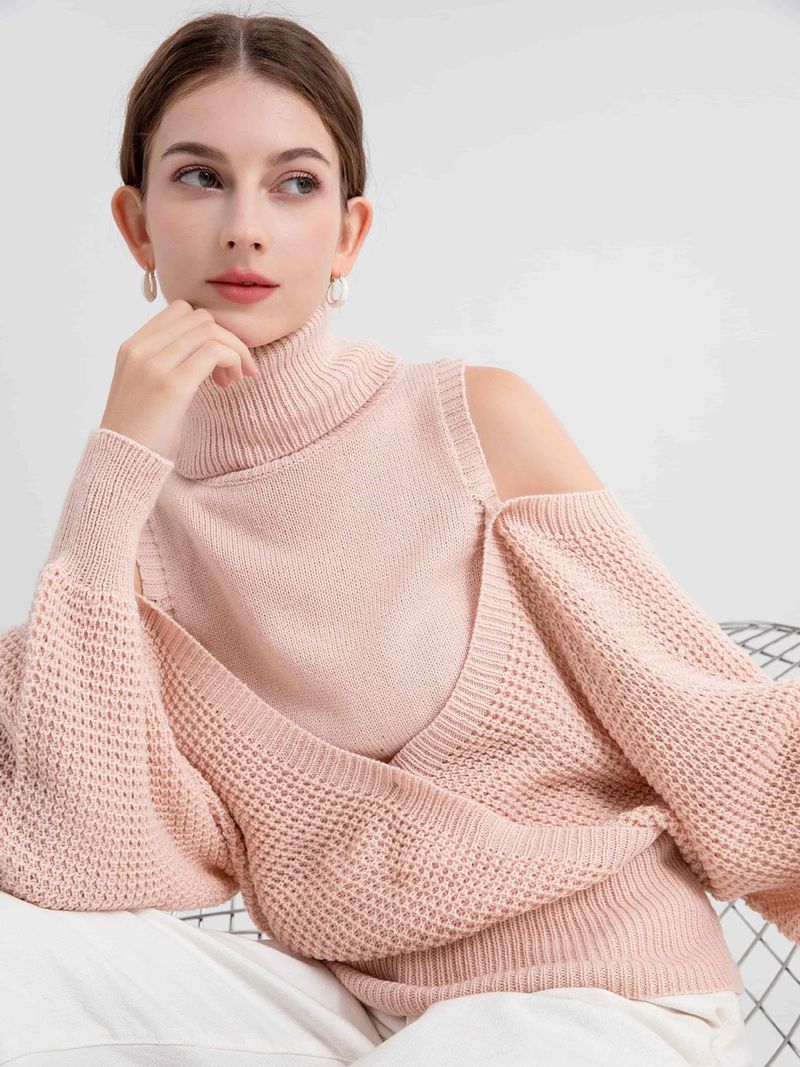 Maglione autunno inverno con collo alto e spalle scoperte, stile delicato, sensazione di alta qualità, colore unito, lavorato a maglia a doppio strato, lungo_voghion.com