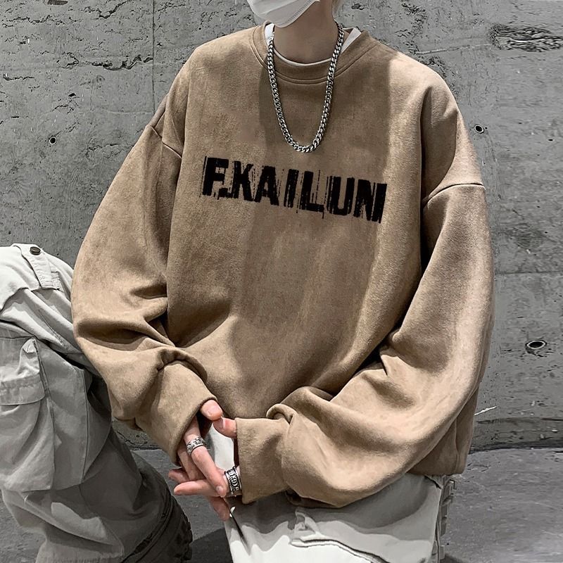 Felpa con cappuccio da uomo e autunno alla moda casual di marca Ins americano girocollo pelle di cervo velluto primavera sciolto manica lunga t-shirt_voghion.com
