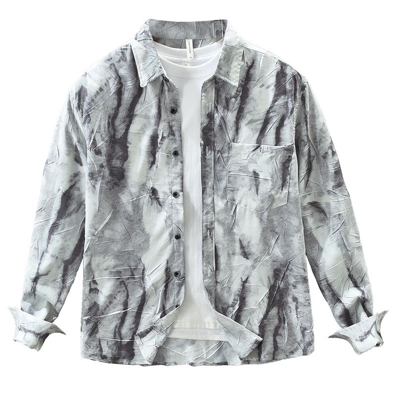 Camicia a maniche lunghe retrò tie-dye da uomo, alla moda e versatile, top ampio e casual._voghion.com