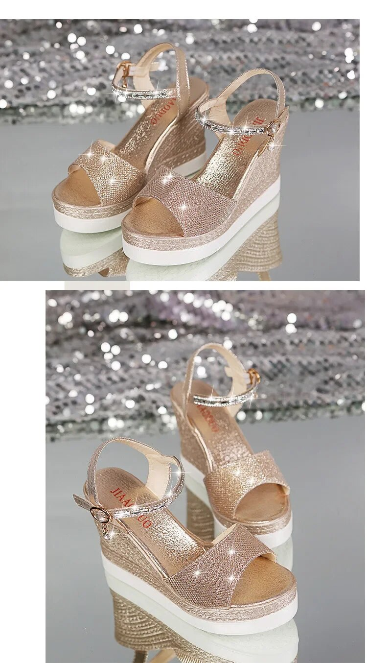 Women's 10cm Rhine-drill Buckle Thick Soled High Heels Ladies Casual Shoes Female Wedge Heel Fish Mouth Beach Sandals_voghion.com