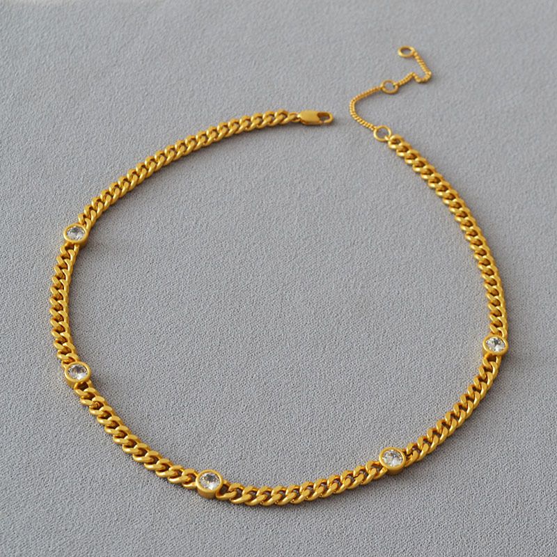 Collana minimalista alla moda con diamanti scintillanti, stile autunno-inverno, nuova personalità, in ottone placcato oro con catena cubana e zirconia._voghion.com