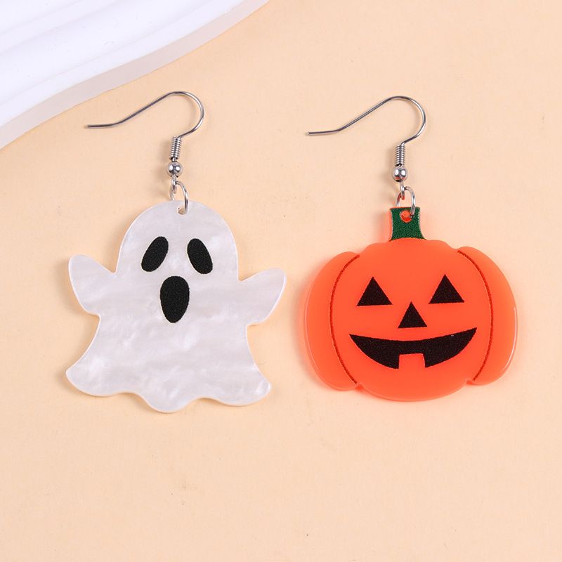 Orecchini pendenti a forma di zucca fantasma colorata in acrilico, stile cartone animato, ragno, per donna_voghion.com