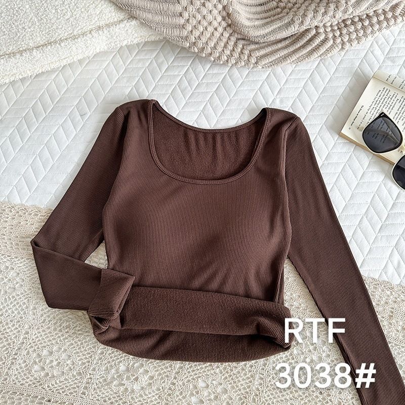 Maglietta calda da donna, a maniche lunghe, con scollo quadrato, in cotone spazzolato, autunno-inverno, con fodera in pile, imbottitura per il petto, vestibilità slim,_voghion.com