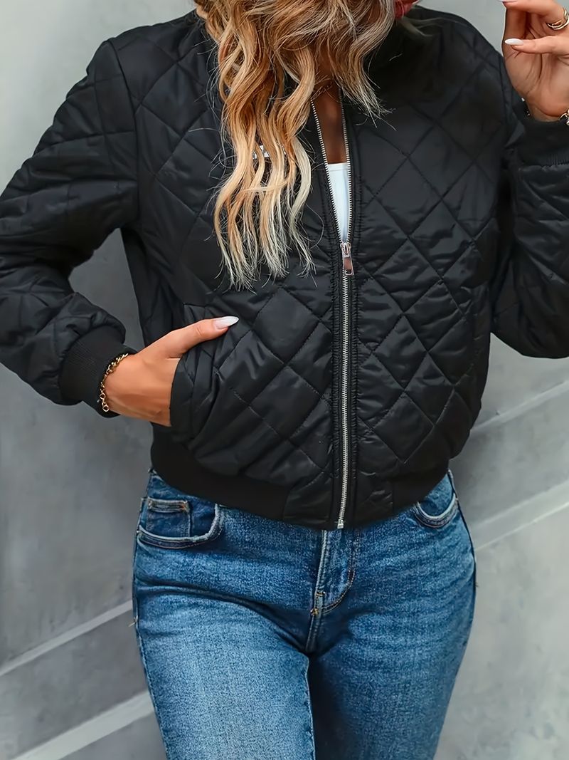 "Stijlvolle effen polyester-katoenmix jas voor dames, korte winterjas met opstaande kraag, lichtgewicht en veelzijdige bovenkleding voor op het werk_voghion.com