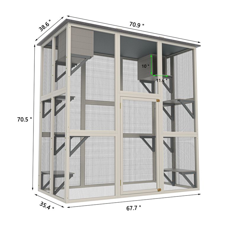 Gray Wooden Outdoor Catio Cat Enclosure With Weatherproof Asphalt Roof, Large Walk-in Cat House With 6 Platforms & 2 Napping Boxes, Solid Wood Cat Cage Kennel Condo Playpen For Patio_voghion.com