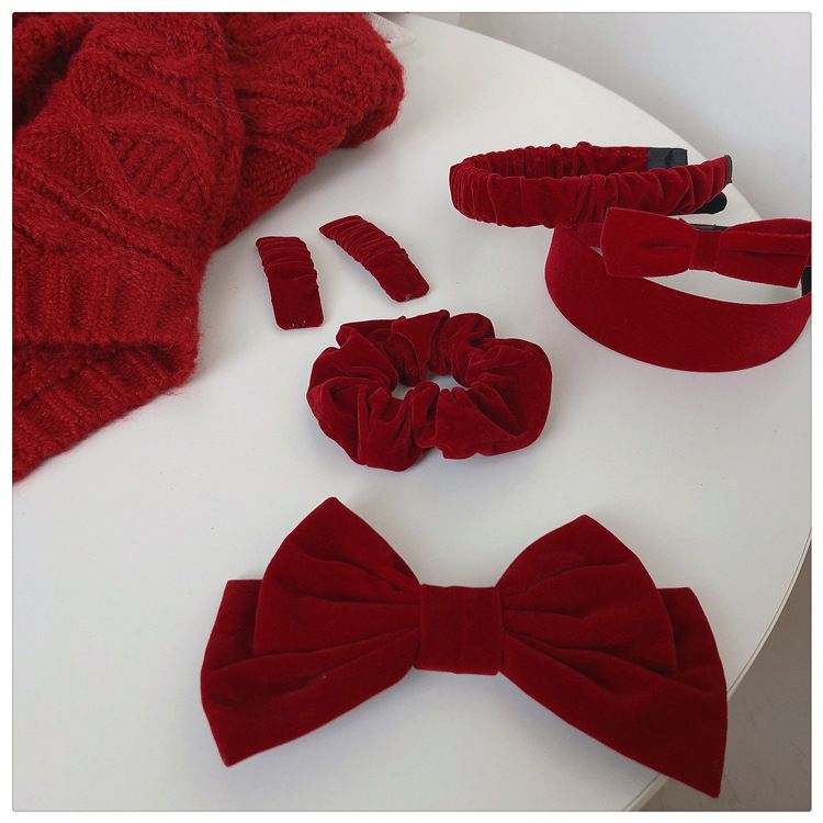 Lillian Red Velvet Accessories Collection New Year Christmas Headband Wide Vintage Pleated Scrunchie BB Bow Hair Clip_voghion.com