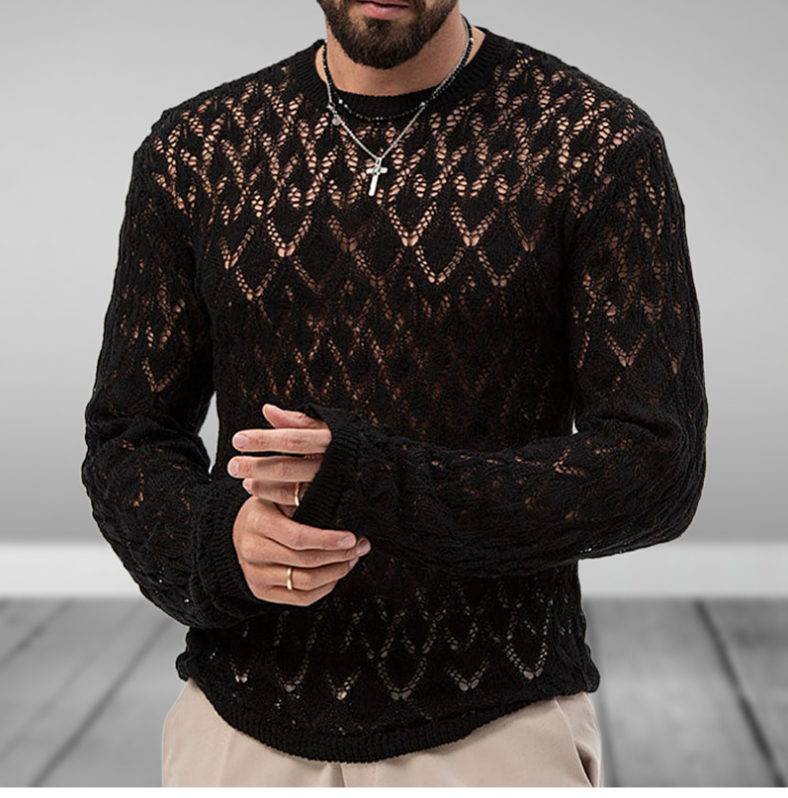 Men Knitting Pullover Long Sleeve Thin Clothes Casual Loose Hollow Out Black Sweater Male Round Neck Breathable Solid Jumper Top_voghion.com
