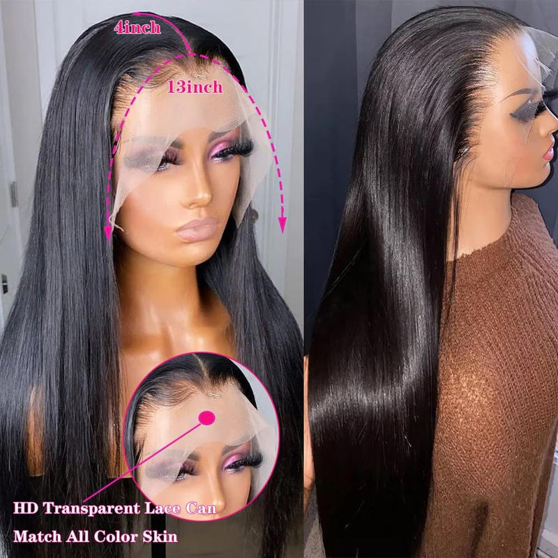 Pelucas brasileñas de cabello humano largo y liso, con encaje frontal de 13x4 para mujer, cabello real con cierre frontal, prearrancada._voghion.com