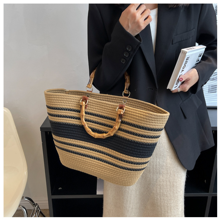 Temperament Popular Woven Women's Bag New Fashion Tote Bag Splicing Single Shoulder Large Capacity Bamboo Joint Hand Bag_voghion.com