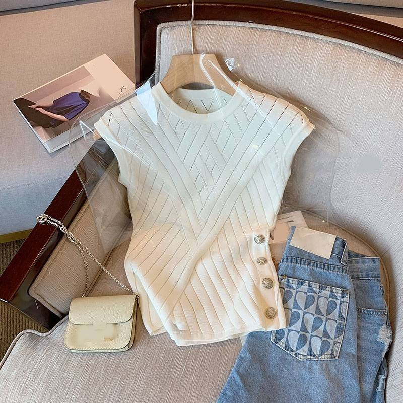 Frans high-end wit mouwloos gebreid T-shirt met korte mouwen van ijszijde voor dames 2023 lente en zomer nieuwe temperament slim-fit top_voghion.com