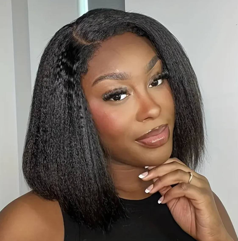 Yaki Bob perruque perruques de cheveux humains pour les femmes noires crépus droite 13x4 dentelle frontale perruque 13x5x2 partie dentelle perruque pré plumée doux Yaki perruque_voghion.com