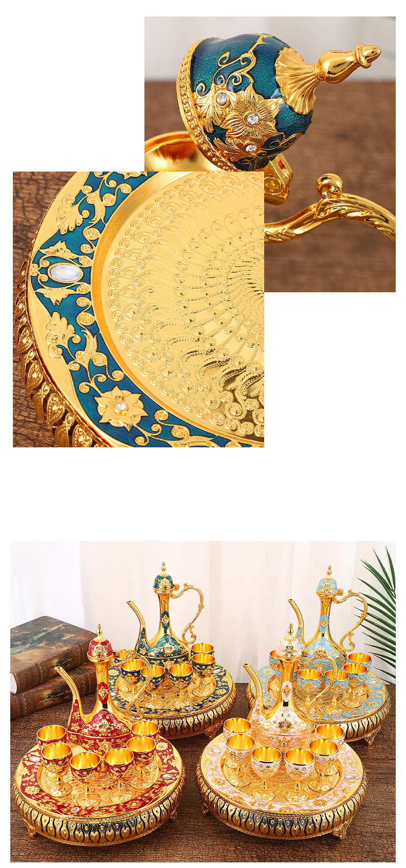 Wohnmöbel leichtes Luxus-Weinset im Palaststil, Heim-Desktop-Ornamente, Retro-Zinklegierung, exquisites Weinglas- und Weintopf-Set_voghion.com