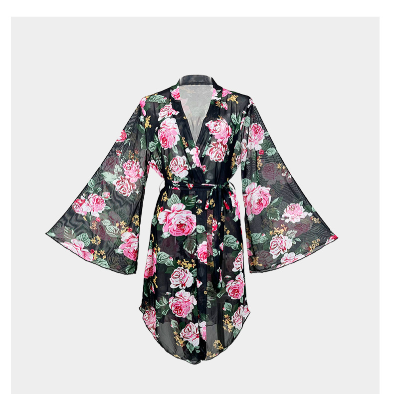 Feiyun cross border new mesh pajamas women's printed light luxury long sleeved cool nightgown bathrobe home clothes women 597_voghion.com