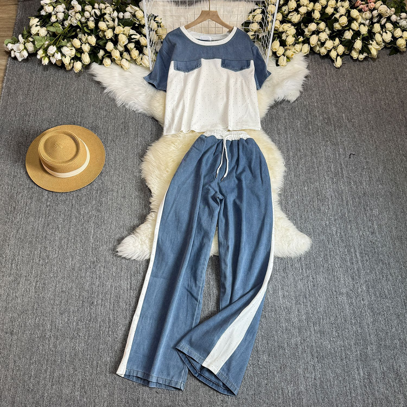 Sommer nyt modesæt til kvinder: Denim-syet hot diamant T-shirt med korte ærmer + afslappet lige, vide benbukser i to dele_voghion.com
