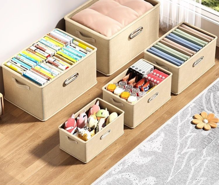 Contenitore portaoggetti pieghevole in tessuto spesso, multifunzionale, con coperchio, in cotone e lino, di grande capacità, extra spesso._voghion.com