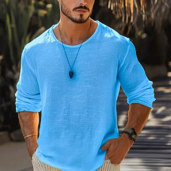 Men's Clothing Casual Solid Color Breathable Long Sleeved T Shirt_voghion.com