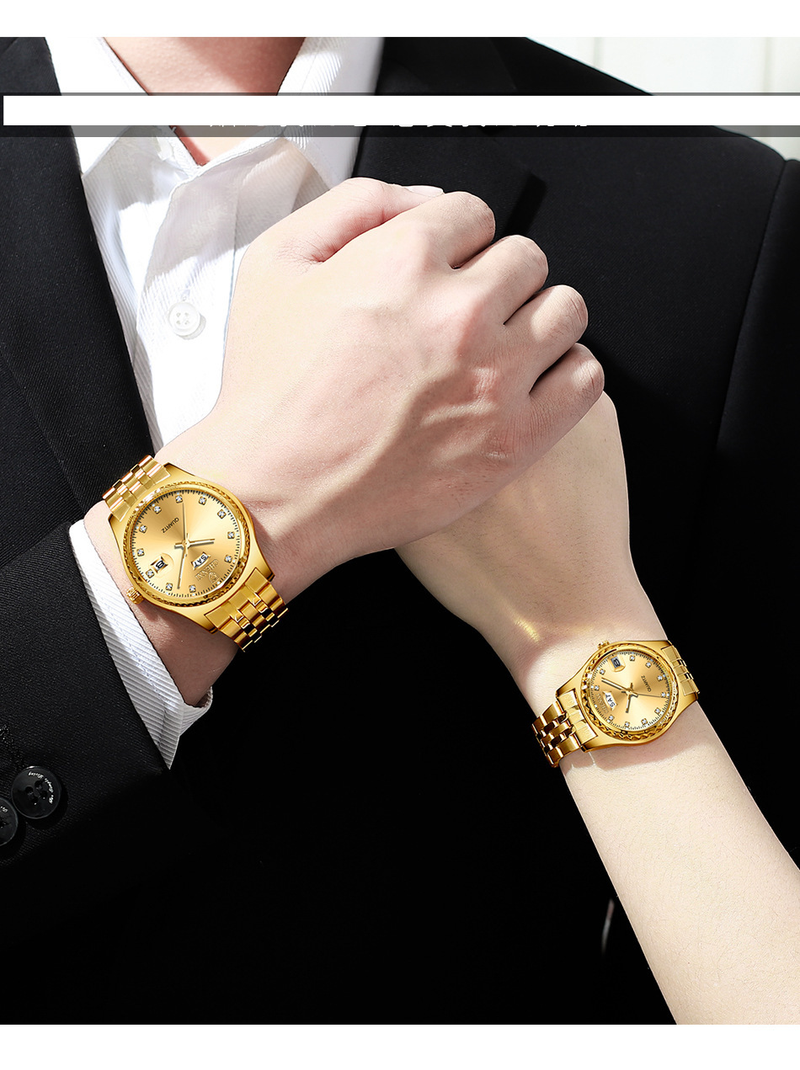 Wasserdichte Armbanduhr für Paare mit Emoji-Motiv, für Männer und Frauen, im Dunkeln leuchtend, goldener Doppelkalender_voghion.com