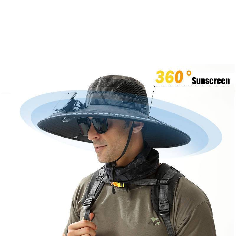 Cappello rinfrescante ad energia solare con tesa larga - Cappello solare ricaricabile per uomo, impermeabile e con ventola silenziosa per escursionismo, pesca e avventure all'aria aperta_voghion.com