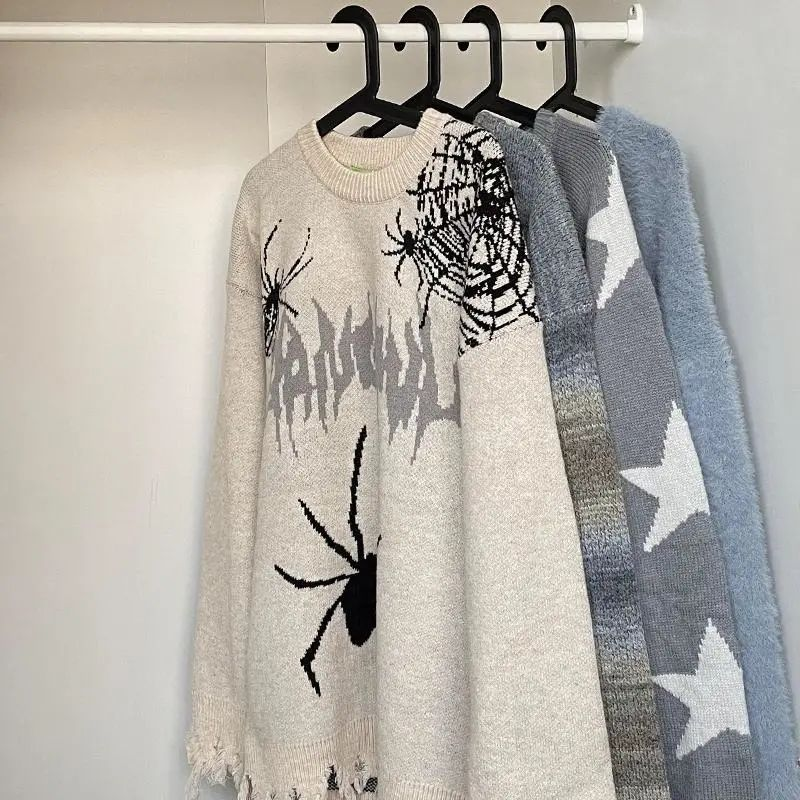 Herrenbekleidung Herren- und Damen-College-Pullover mit Rundhalsausschnitt – Street-Hip-Hop-Strickpullover im Spider-Distressed-Design für Teenager und junge Erwachsene_voghion.com