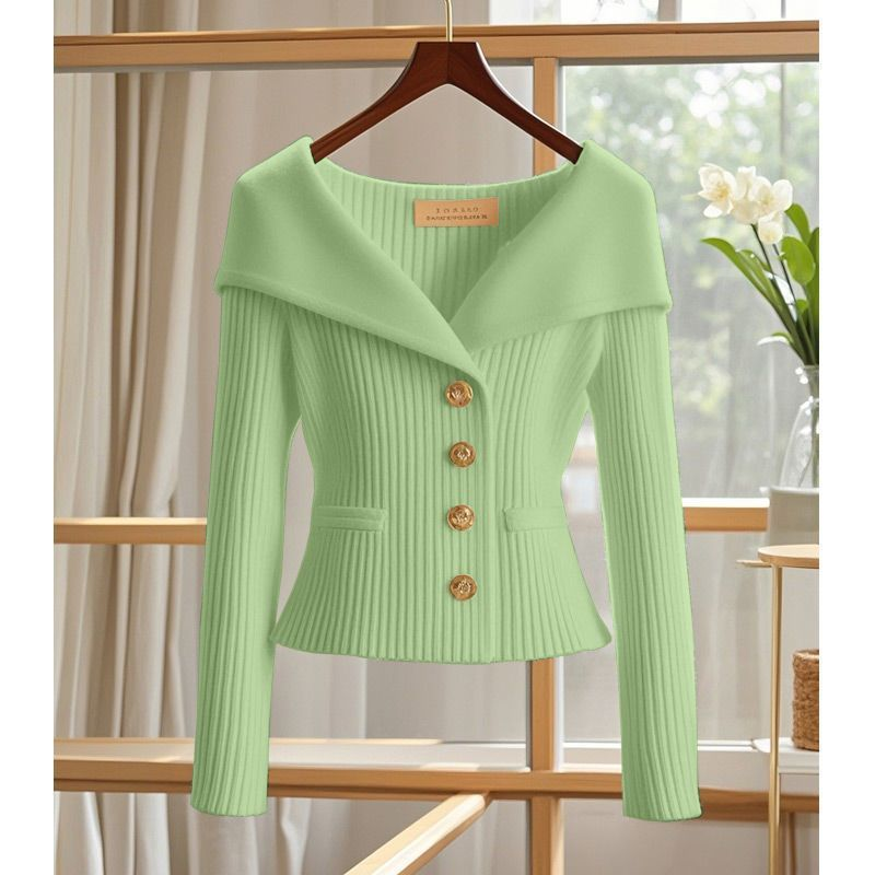 Women's Clothing Design Niche Elegant Knit Cardigan With Button Closure, Navy Collar & Waist-Defining Fit – Versatile For Work & Casual Wear_voghion.com