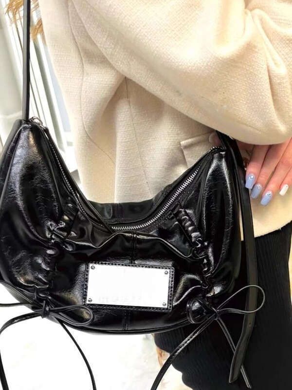 2025 Korean Niche Metal Tag Bow Drawstring Bag Handbag_voghion.com