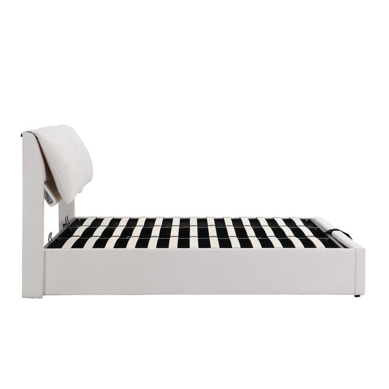 Cadre de lit coffre hydraulique rembourré en velours avec 3 tiroirs, sommier à lattes, beige, 180 x 200 cm, matelas non inclus_voghion.com