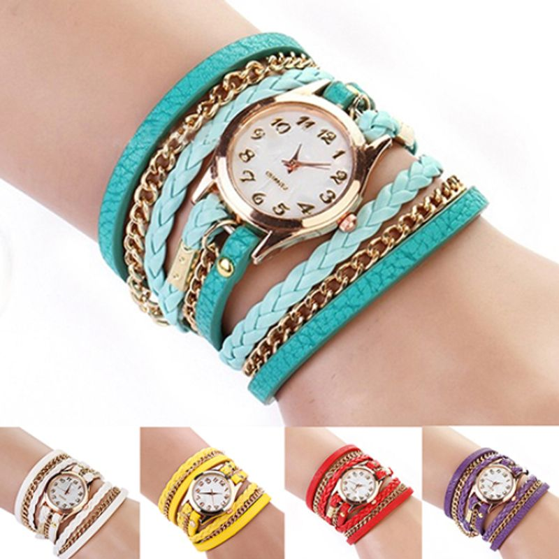 Yamaler Damen-Armbanduhr, lässig, Vintage-Stil, geflochten, mehrschichtig, Kunstlederarmband_voghion.com