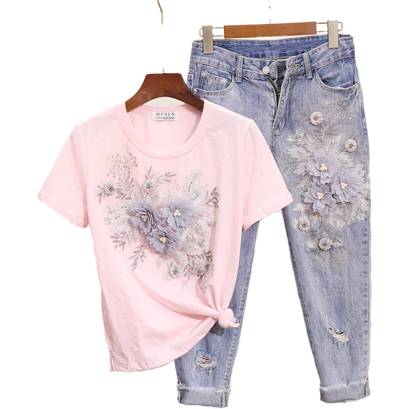 Women's Clothing Beaded Embroidery Three-dimensional Flower Short Sleeve T-shirt Ripped Denim Jeans_voghion.com
