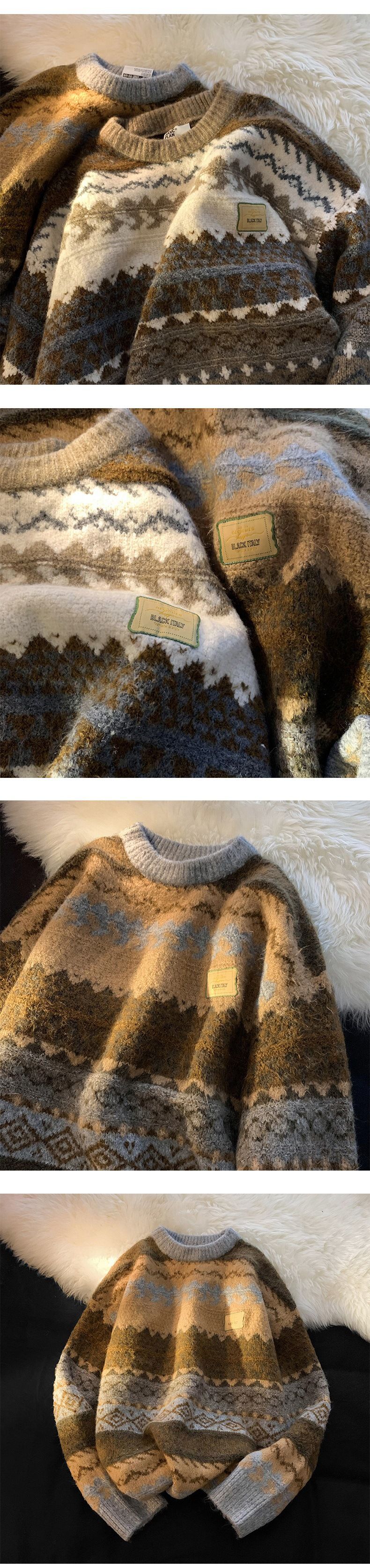 Loose Fit Knit Sweater - Vintage Winter Pullover For Men, Oversized Casual Crewneck With Jacquard Pattern_voghion.com