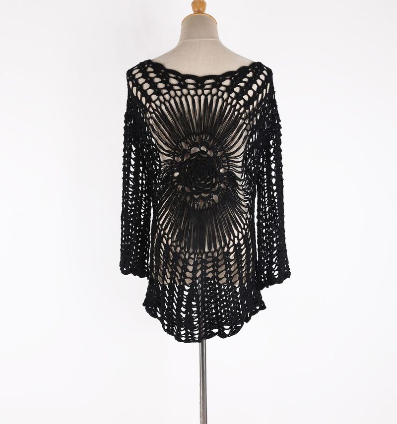 Kimono de plage crocheté à la main – Kimono bohème arc-en-ciel à manches longues (taille unique, 310 g, léger, tricot ajouré, cache-maillot de bain)_voghion.com