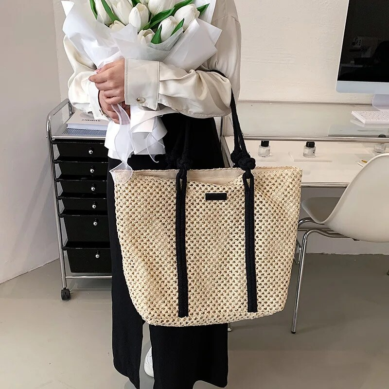 Borse da spiaggia in paglia intrecciata casual estive di grande capacità Borsa a tracolla da donna fatta a mano Borse da viaggio da donna Shopper in rattan_voghion.com