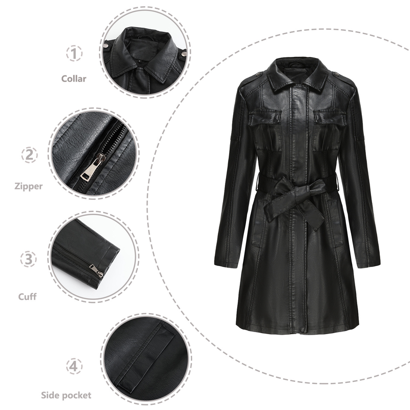 Abbigliamento da donna Cappotto in pelle di media lunghezza con cintura Giacca a vento in pelle a maniche lunghe Cappotto alla moda britannico da donna_voghion.com
