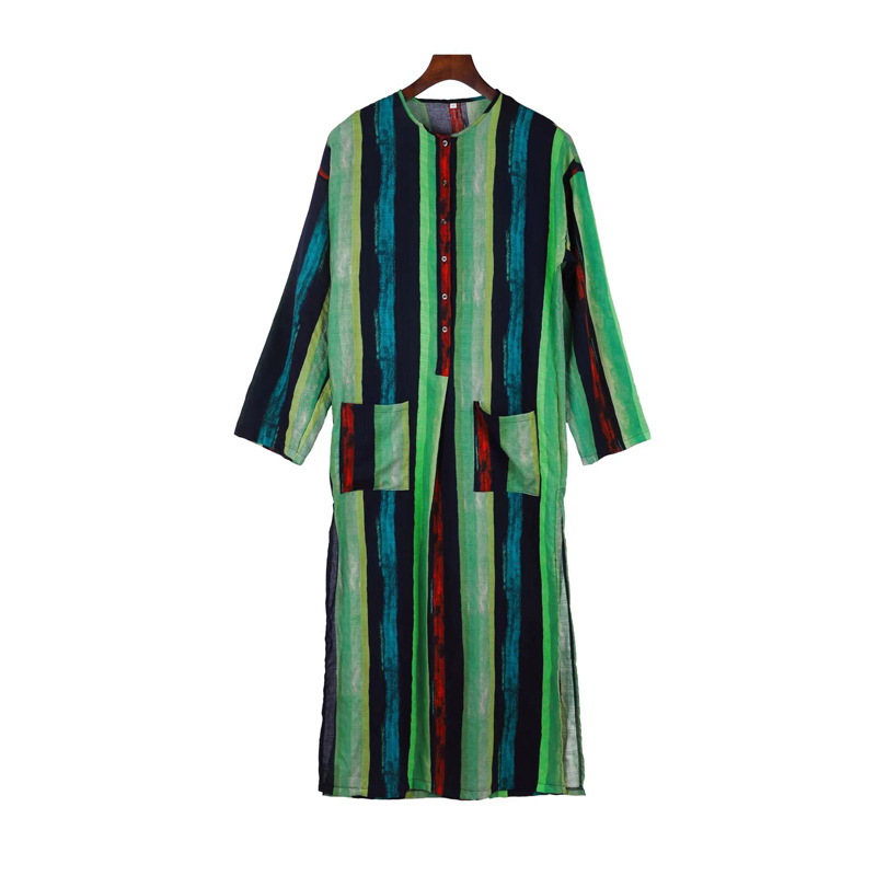 2025 Frühling und Herbst Neue Kleidung Langarm-Overall Arabische Männer Gestreifte Gedruckte Muslimische Robe_voghion.com