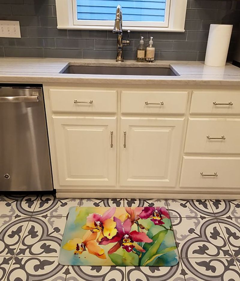 Orchids In Watercolor Memory Foam Kitchen Mat Machine Washable Anti-Fatigue Mat Cushion Comfort Bath Mat Or Kitchen Rug_voghion.com