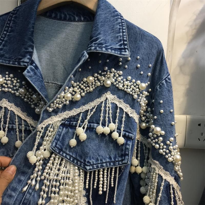 Damenbekleidung Heavy Duty Nagelperlen Quaste Jeansjacke Damen 2024 Frühjahr Neue lose Straße Strahlloch Trendy Top_voghion.com