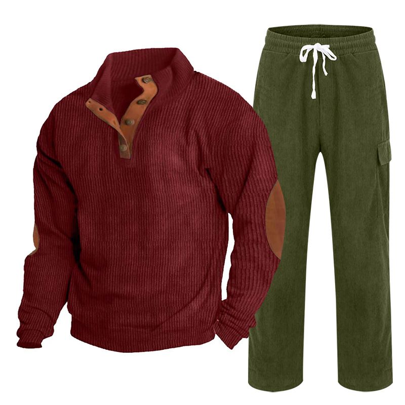 Neue Herbst- und Wintersportbekleidung für Herren, zweiteiliger Cord-Knopf Henry und gerade Hose, Freizeitanzug_voghion.com