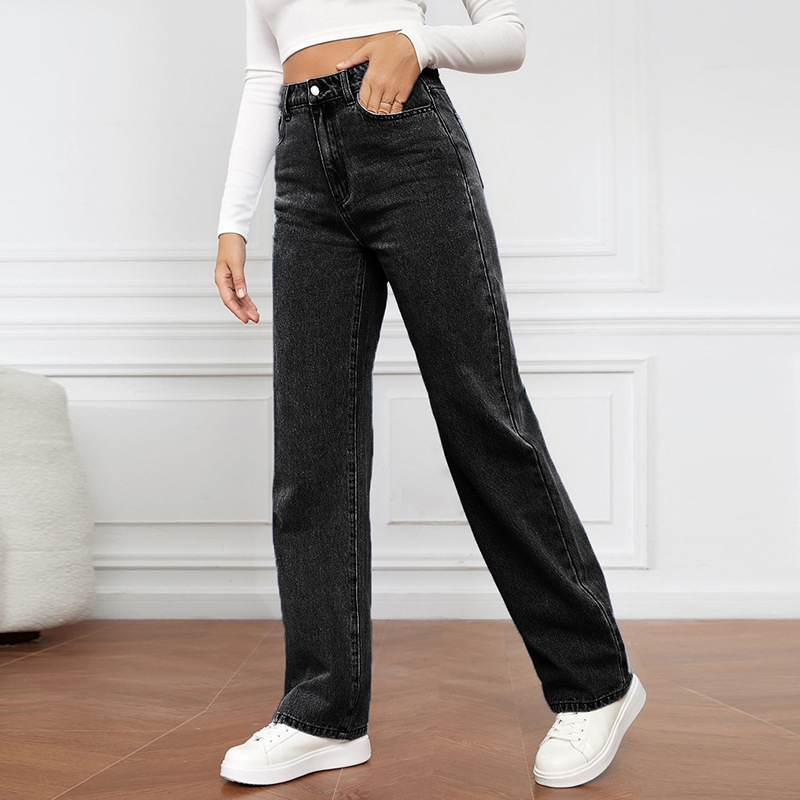 Damkläder i het stil, stretchtvättad denim mode raka byxor jeans dambyxor_voghion.com