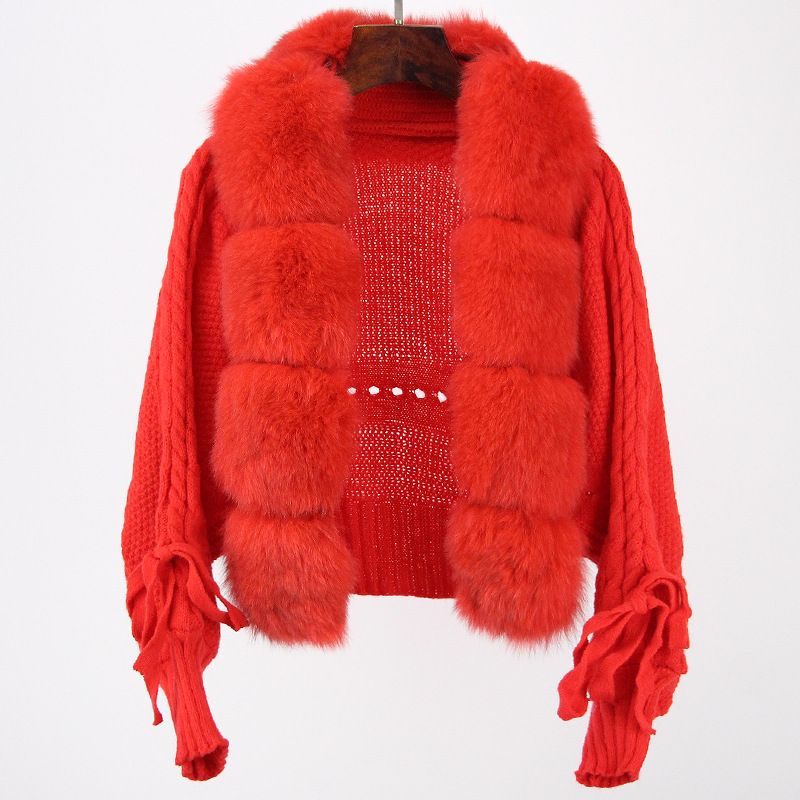 Damenbekleidung neue Herbst-Strickjacke aus Fuchspelz, gestrickter Fuchspelzmantel für Damen_voghion.com
