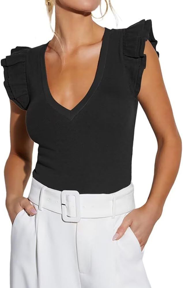 Abbigliamento da donna, top estivi da donna, colletto a cuore pesca, maniche a palloncino, gilet aderente in filo_voghion.com