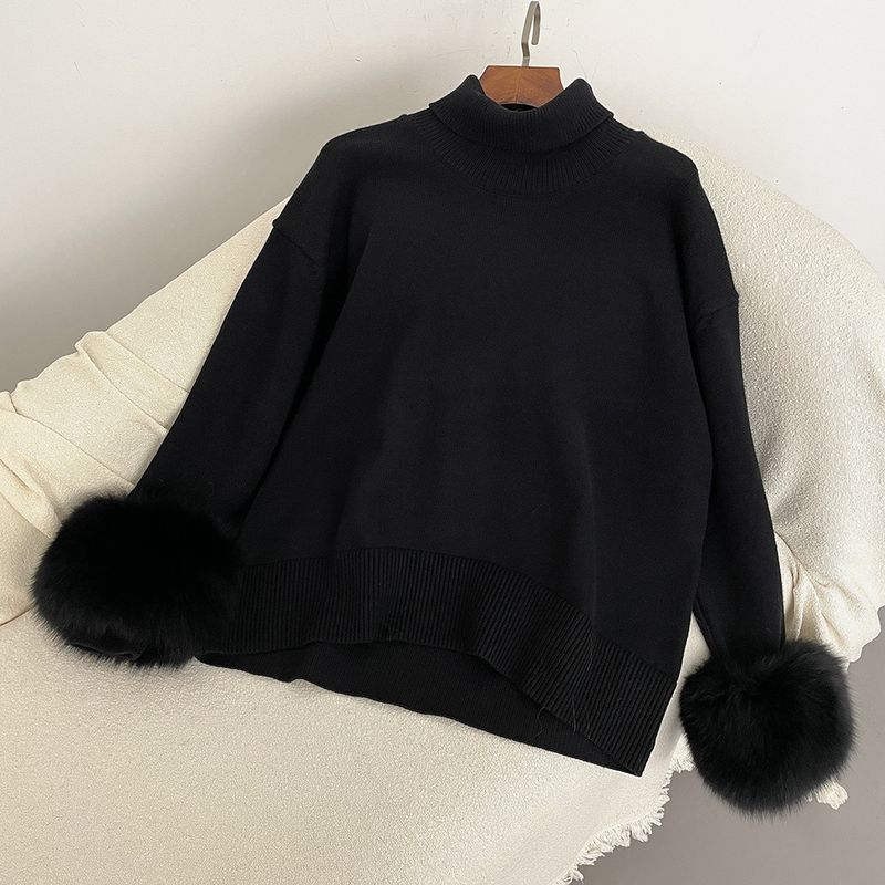 Damenbekleidung Heißer Verkauf Damen Herbst und Winter neuer verdickter hochgeschlossener lockerer Strickpullover mit abnehmbaren Manschetten aus echtem Fuchs_voghion.com