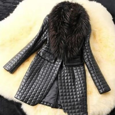 Women's fashion fur collar sheepskin simulation leather plus cotton leather coat in the long coat_voghion.com