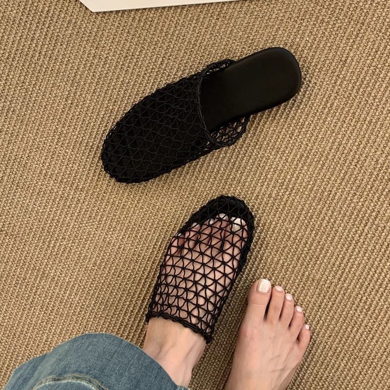 New Mesh Hollow Breathable Fishnet Woven Closed-Toe Half Slippers Flat Mules Roman Sandals_voghion.com