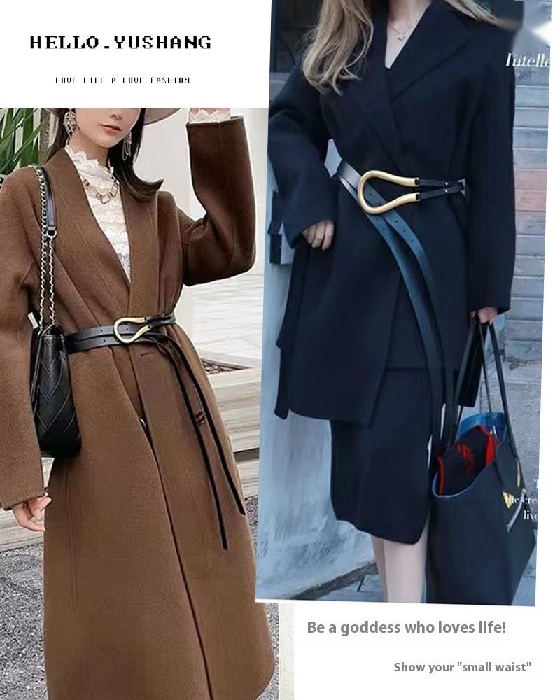 Nuova cintura in pelle di mucca da donna, versione coreana, versatile, fibbia a ferro di cavallo, cintura sottile annodata con sigillo in vita per cappotto, giacca a vento, abito, nero_voghion.com