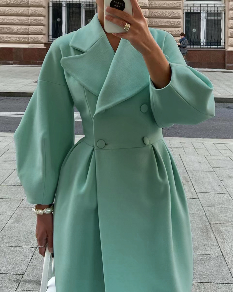 Manteau en laine pour femmes, coupe-vent intellectuel, poche, revers, couleur unie, manches lanternes, nouvelle collection hiver_voghion.com