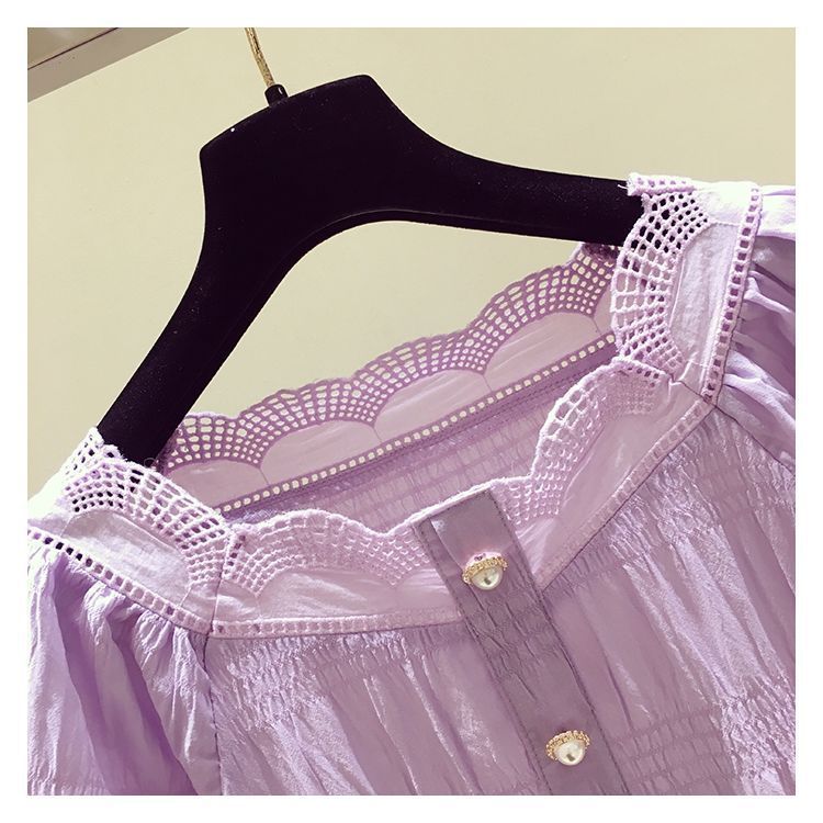 Women's fashion all-in-one belly shade slimming sweet purple chiffon shirt_voghion.com