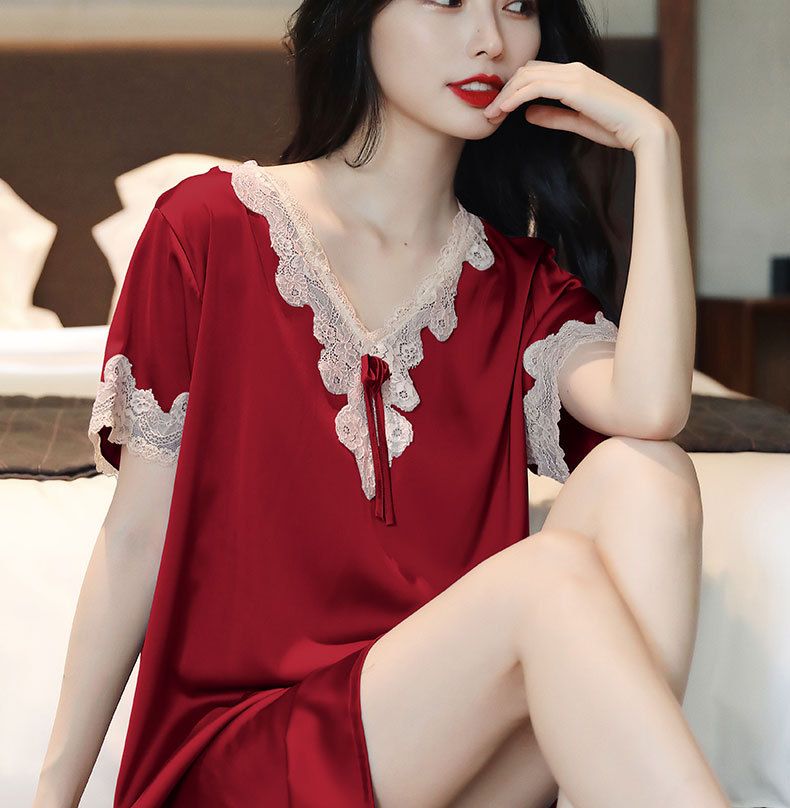 New Pajamas Women's Summer Ice Silk Loose Large Size European And Korean Version Sexy Lace Ice And Snow Silk Short-sleeved Nightdress Loungewear_voghion.com