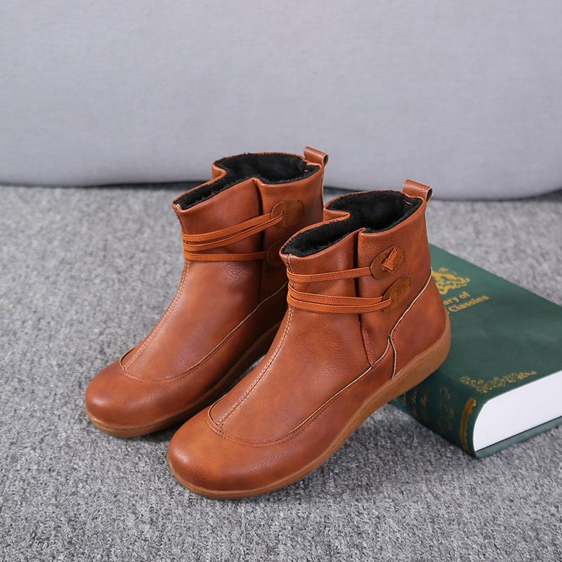 Women's lace-up front neutral low heel round toe ankle boots_voghion.com